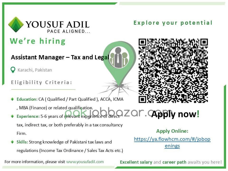 Yousuf Adil Jobs 2026 – Assistant Manager Tax and Legal Karachi