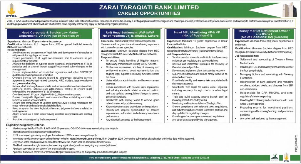 ZTBL Jobs 2026 advertisement