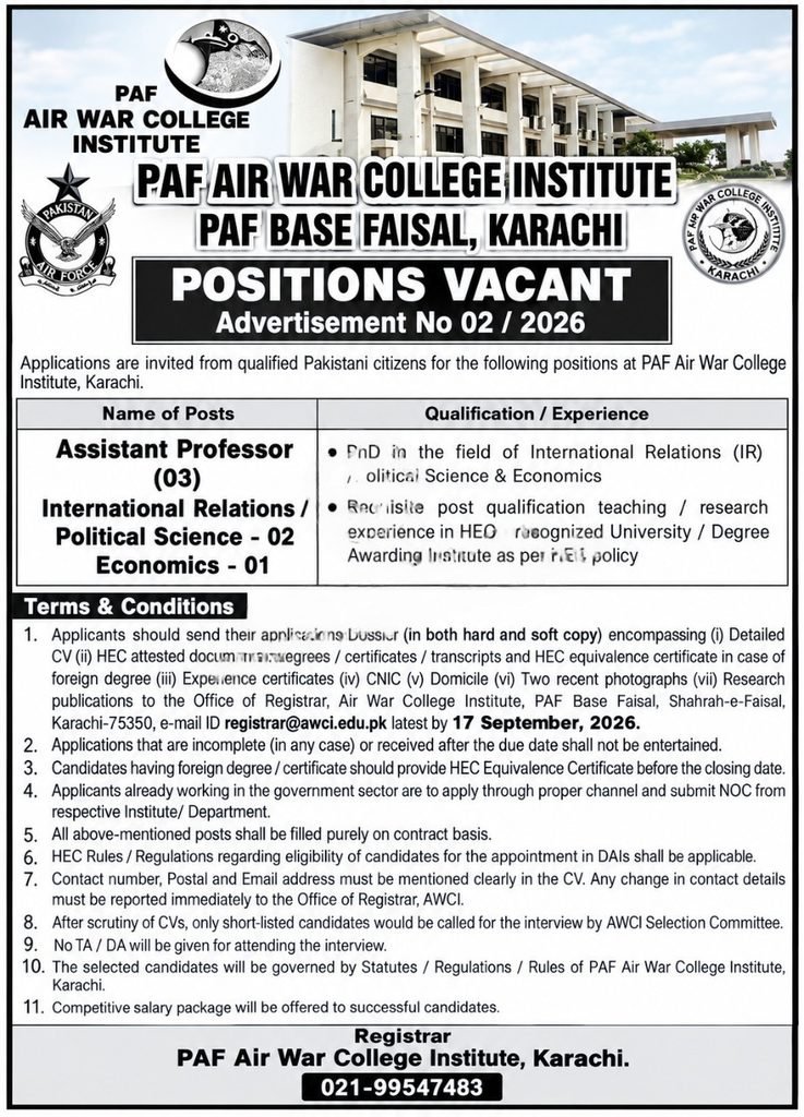 PAF Air War College Institute Jobs 2026 advertisement