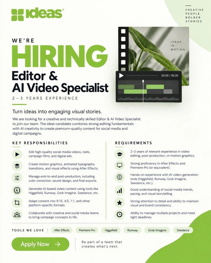 IDEAS Jobs 2026 – Editor & AI Video Specialist