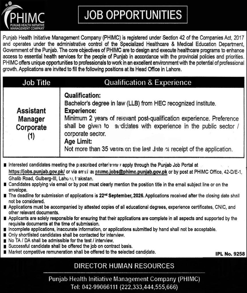 Punjab Health Initiative Management Company PHIMC Jobs 2026 Advertisement – Assistant Manager Corporate Lahore