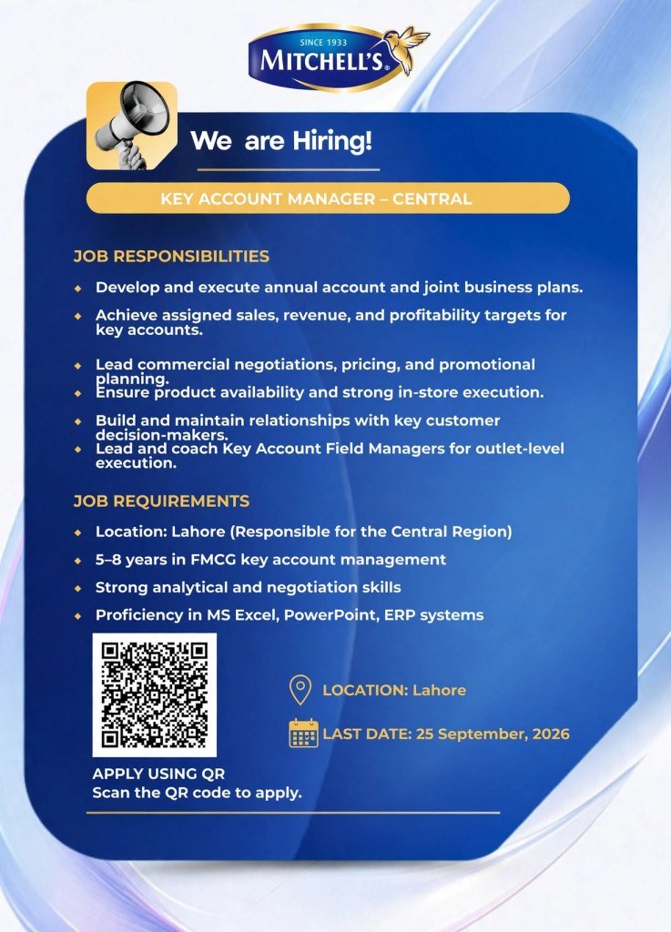 Mitchell's Jobs 2026 – Key Account Manager – Central Region, Lahore