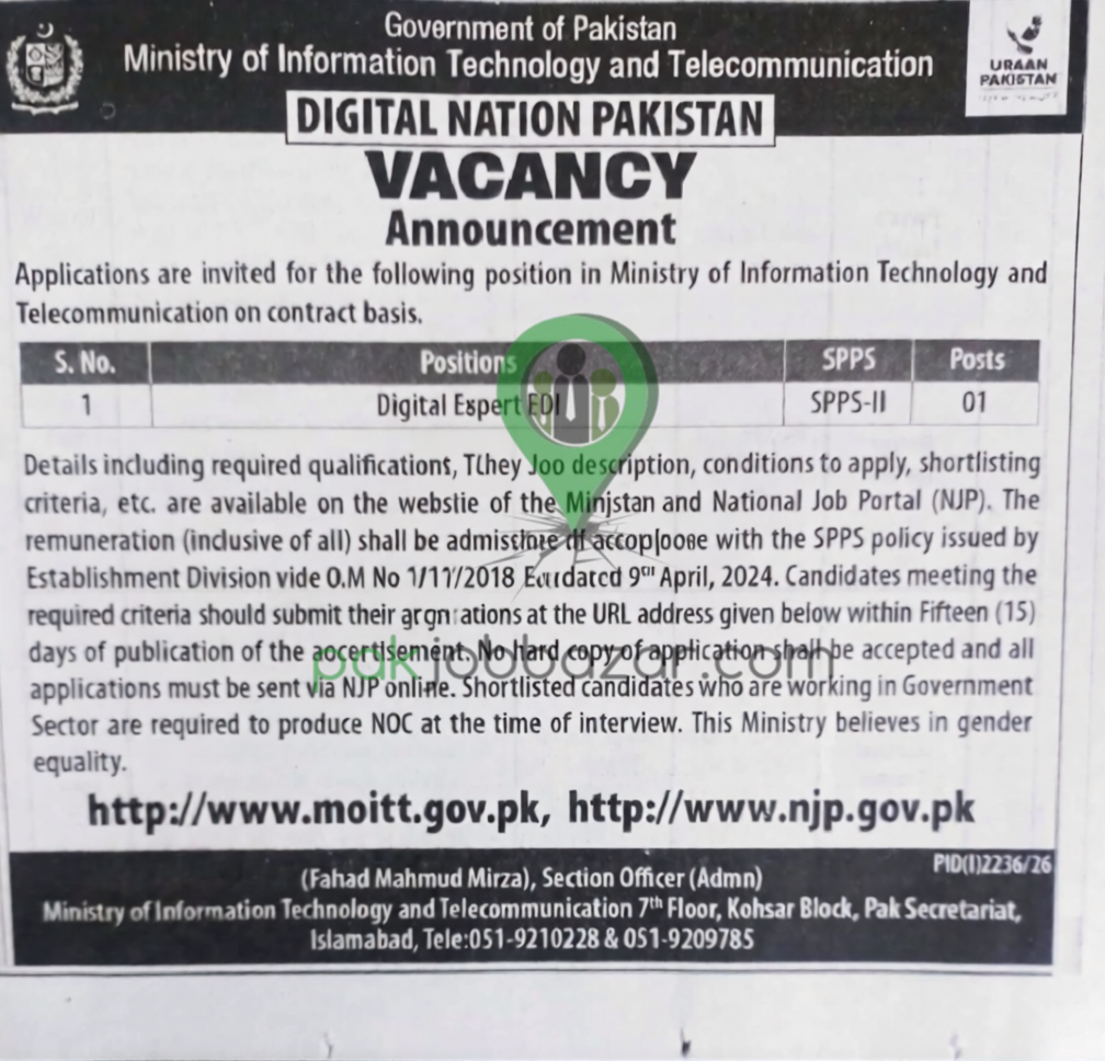 Ministry of IT Jobs 2026 Digital Expert FDI advertisement 