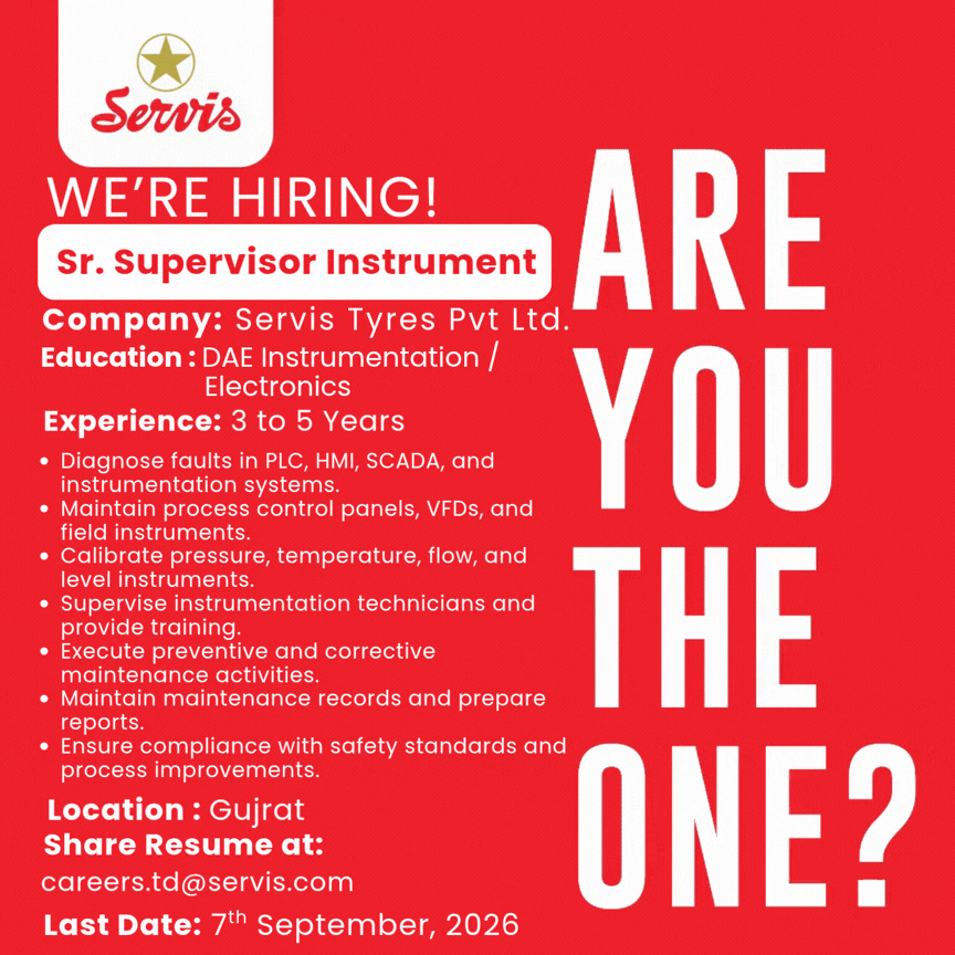 Servis Jobs 2026 – Sr. Supervisor Instrument Jobs in Gujrat