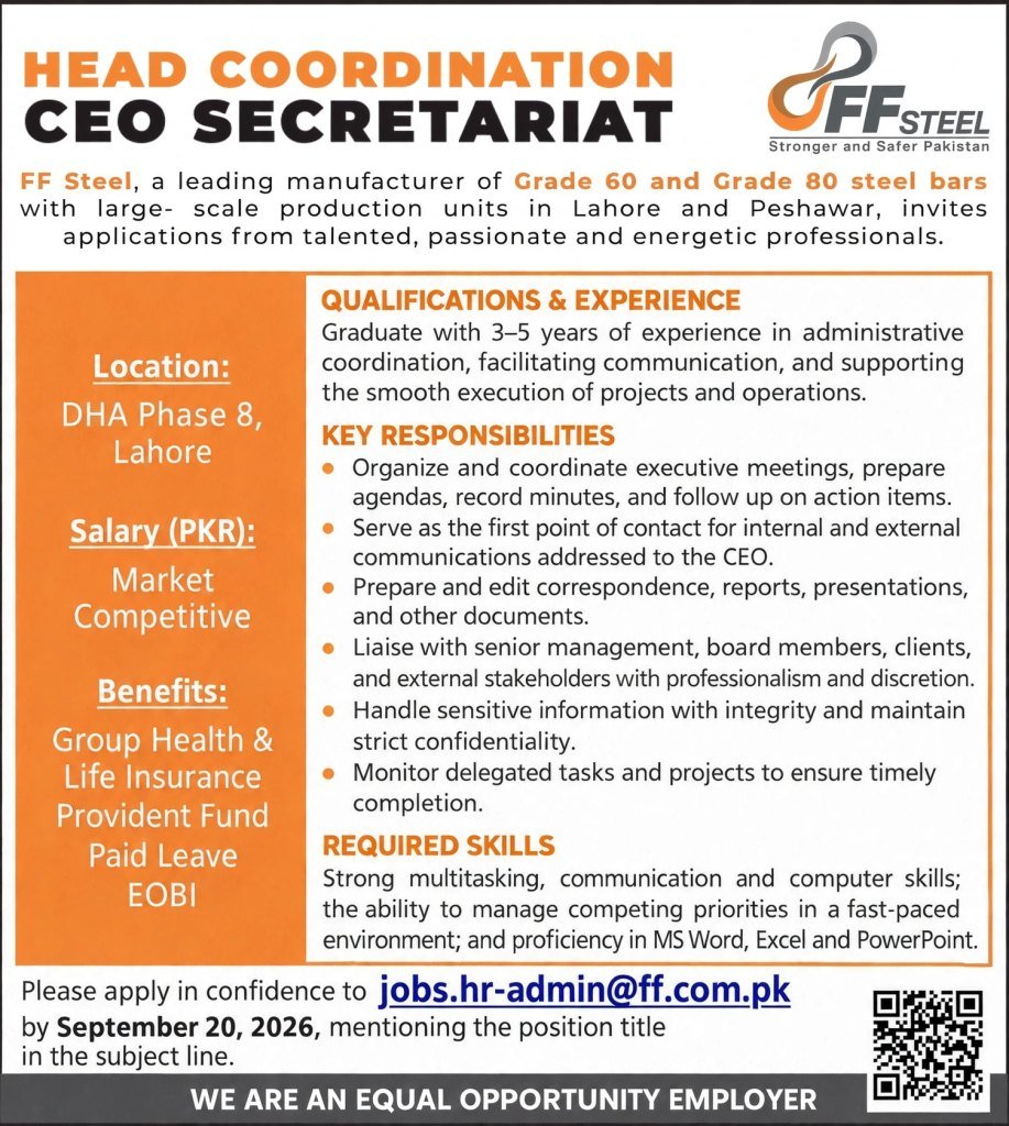 FF Steel Jobs 2026 – Head Coordination CEO Secretariat in Lahore