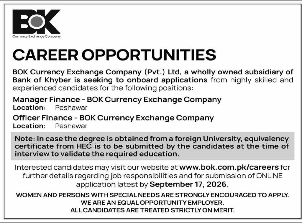 BOK Currency Exchange Jobs 2026 – Manager Finance and Officer Finance