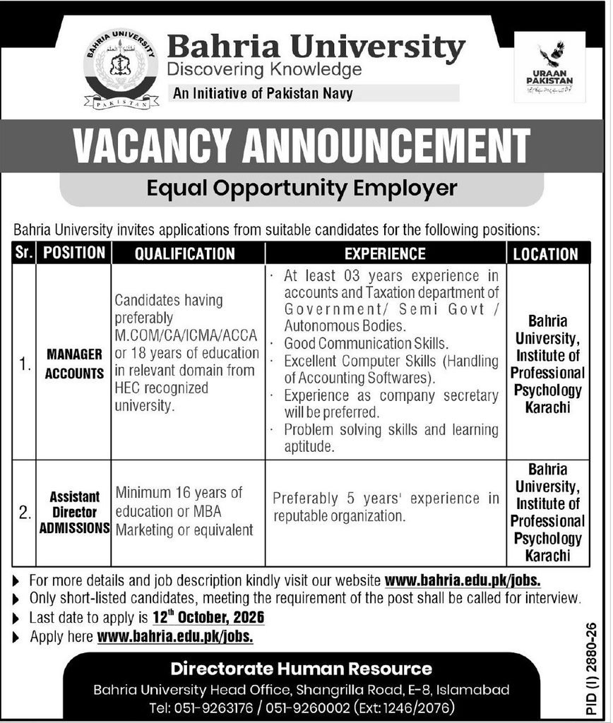 Bahria University Jobs 2026 Advertisement
