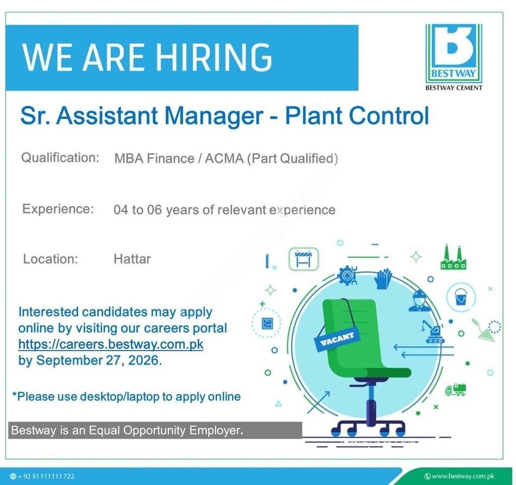 Bestway Cement Jobs 2026 – Sr. Assistant Manager Plant Control in Hattar
