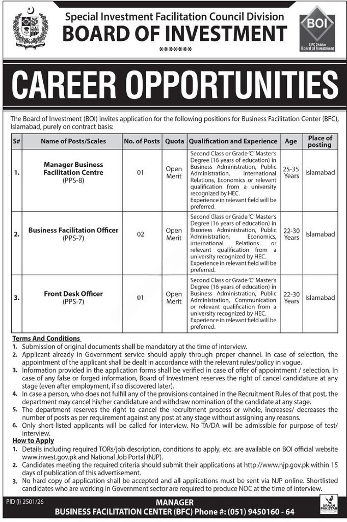 Board of Investment Jobs 2026 for Manager BFC, Business Facilitation Officer and Front Desk Officer in Islamabad