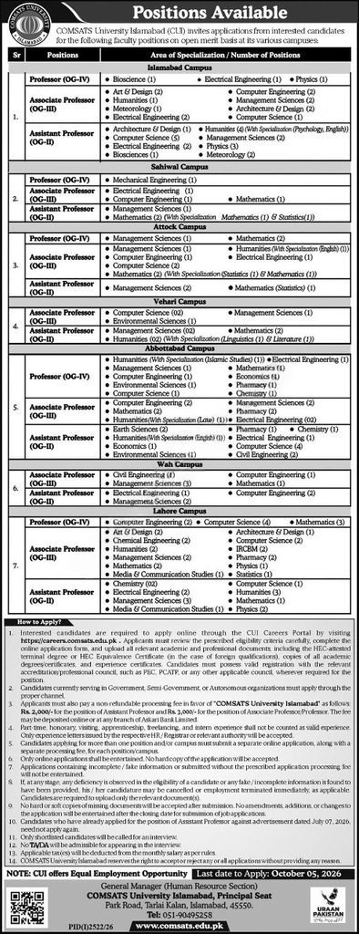 COMSATS University Islamabad Jobs 2026 – Faculty Positions across multiple campuses