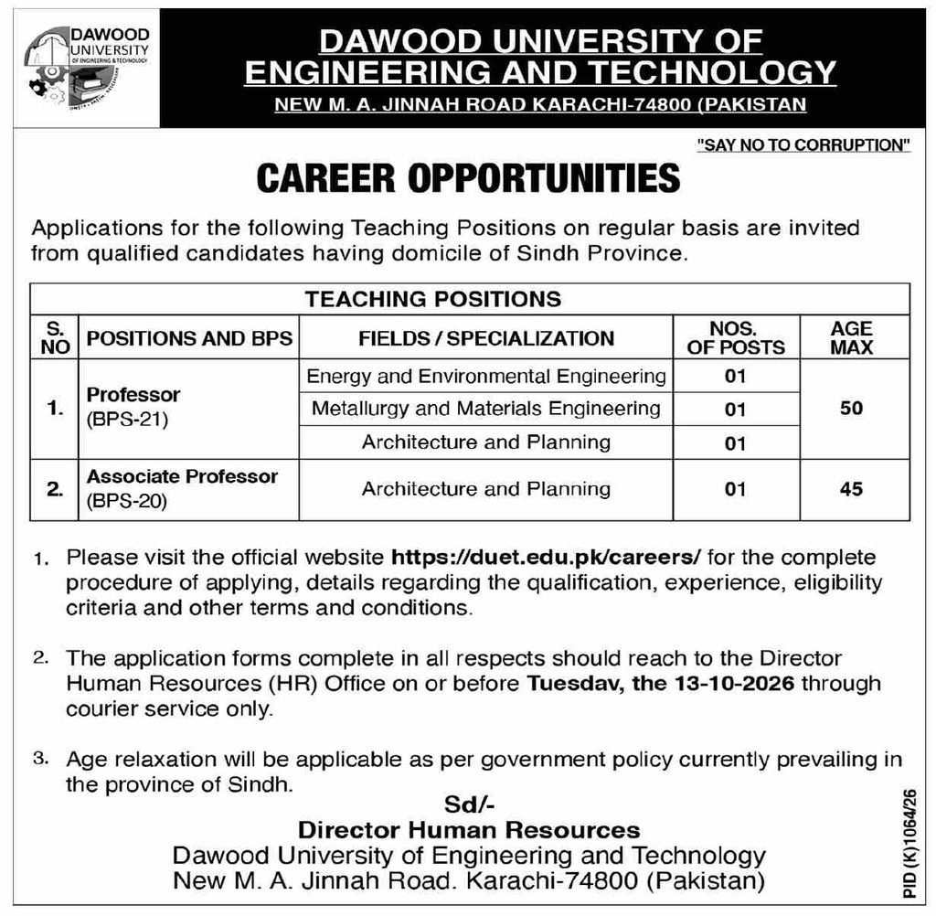 Dawood University Jobs 2026 advertisement