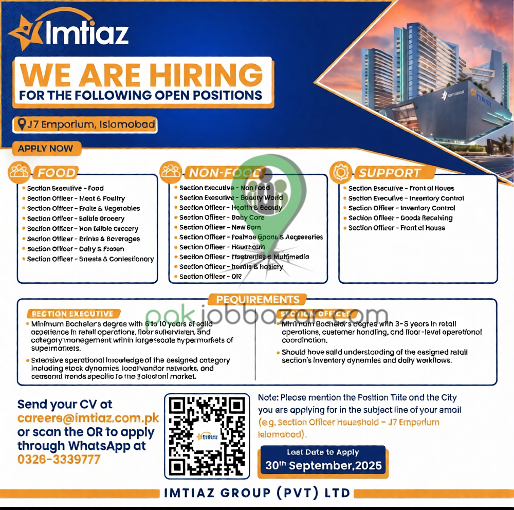 Imtiaz Jobs 2026 Section Executive and Section Officer positions at J7 Emporium Islamabad