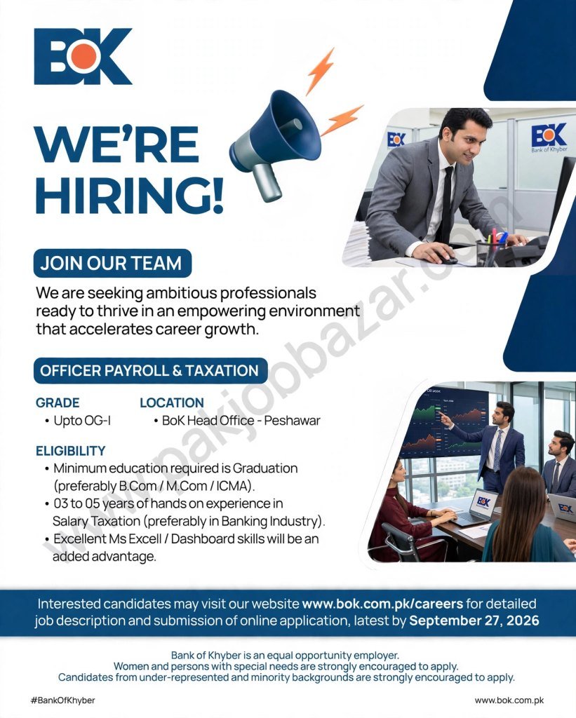 Bank of Khyber Jobs 2026 – Officer Payroll & Taxation in Peshawar