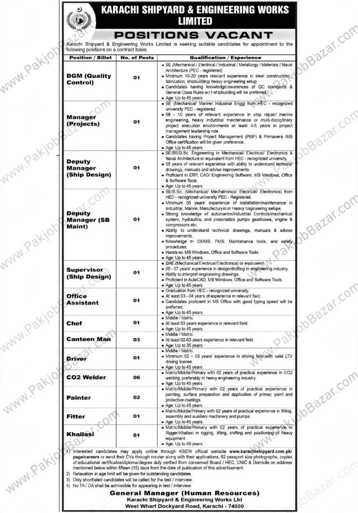 Karachi Shipyard & Engineering Works Jobs 2026 advertisement