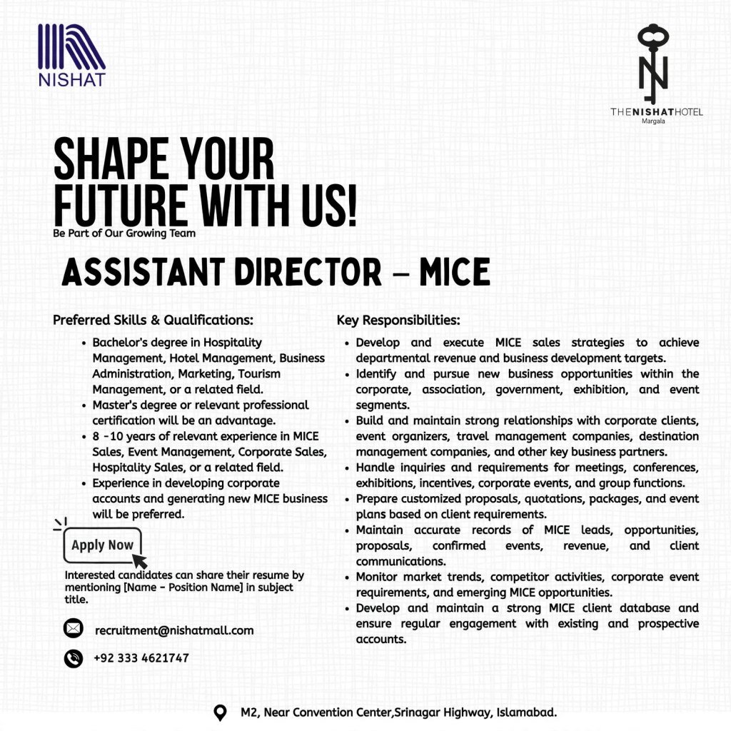 Nishat Hotel Jobs 2026 advertisement