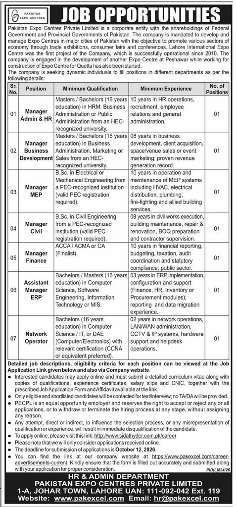 Pakistan Expo Centres Jobs 2026 advertisement