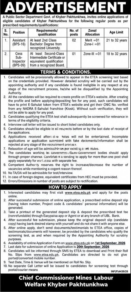 Chief Commissioner Mines Labour Welfare Khyber Pakhtunkhwa Jobs 2026 advertisement
