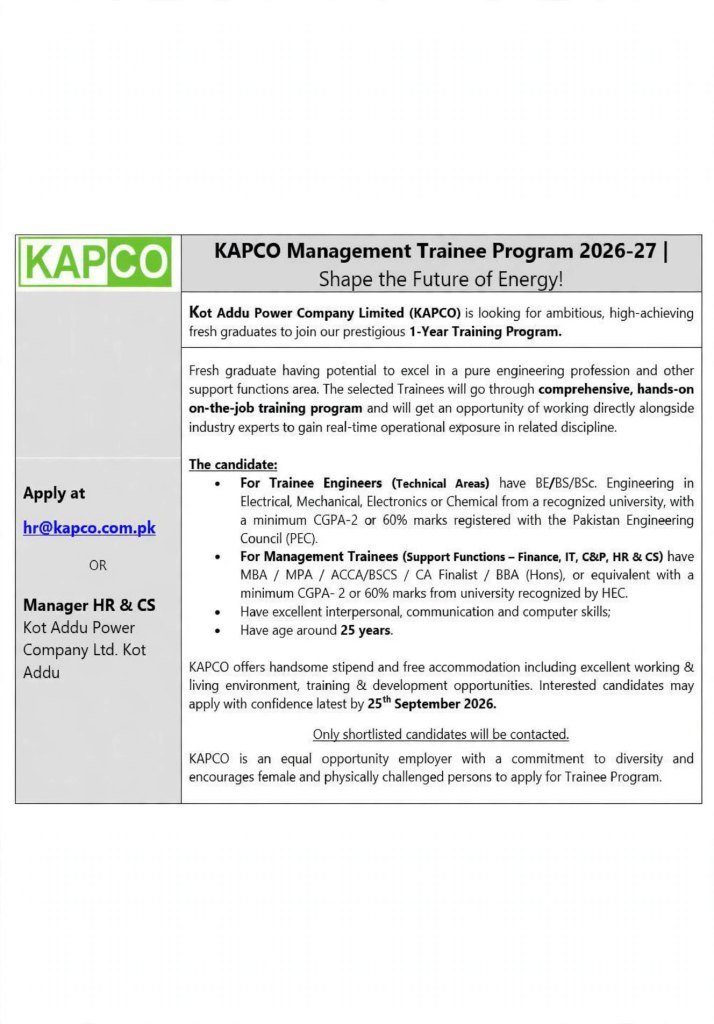 KAPCO Management Trainee Program 2026-27