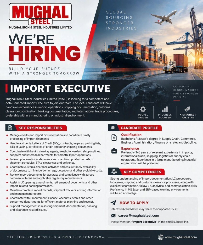 Mughal Steel Jobs 2026 – Import Executive ADVERTISEMENT