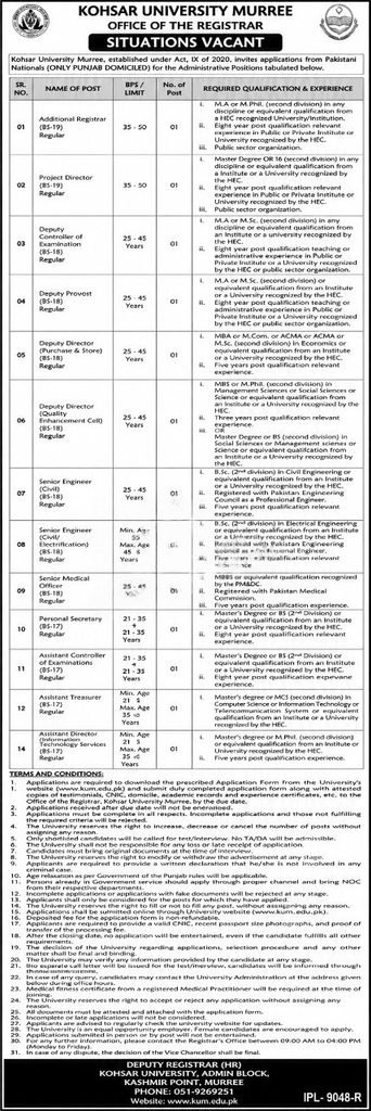 Kohsar University Murree Jobs 2026 administrative vacancies advertisement