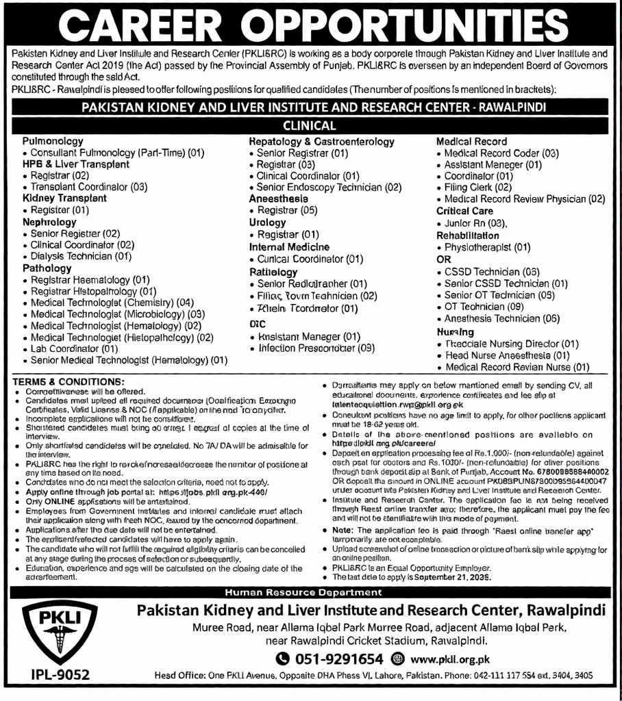 PKLI Jobs 2026 Rawalpindi medical and administrative vacancies advertisement