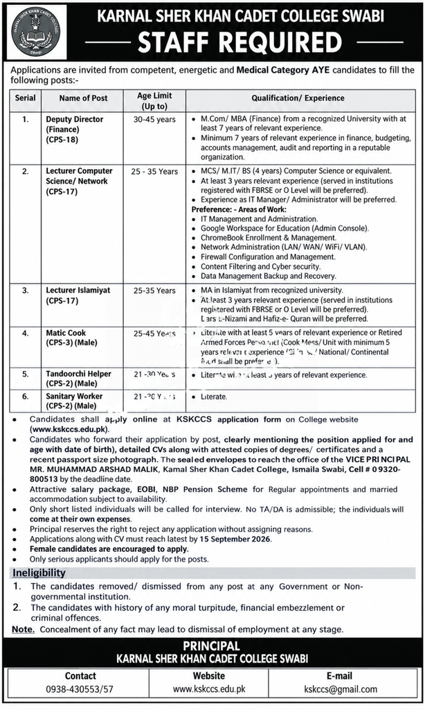 Karnal Sher Khan Cadet College Jobs 2026 staff vacancies advertisement