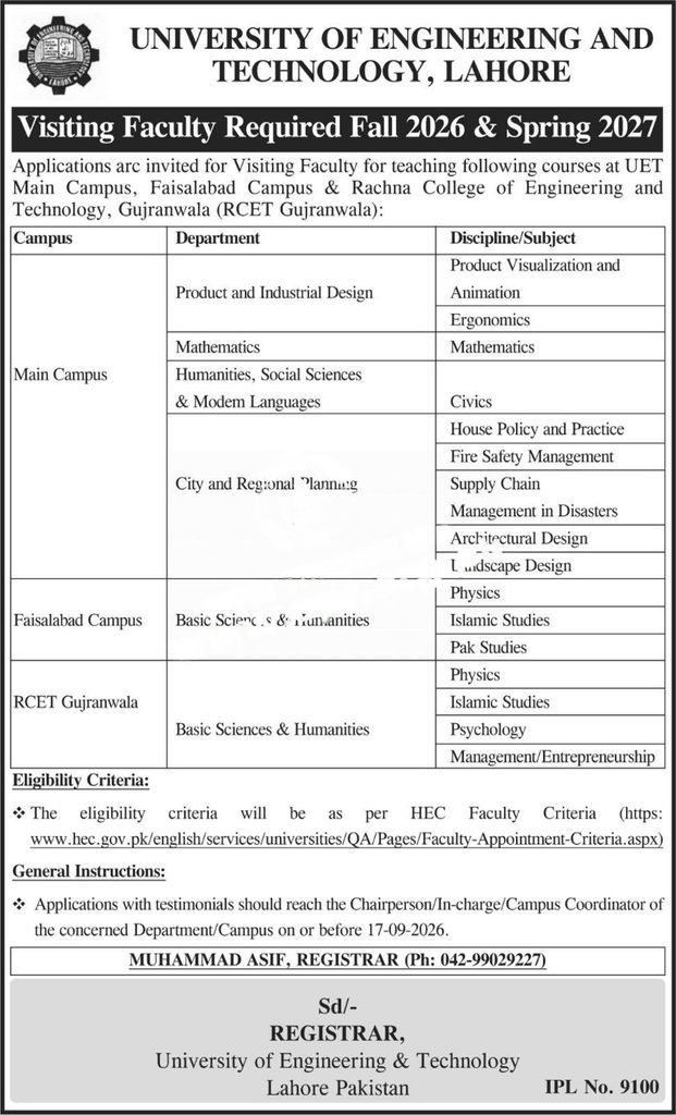 UET Lahore Visiting Faculty Jobs 2026 advertisement for Fall 2026 and Spring 2027