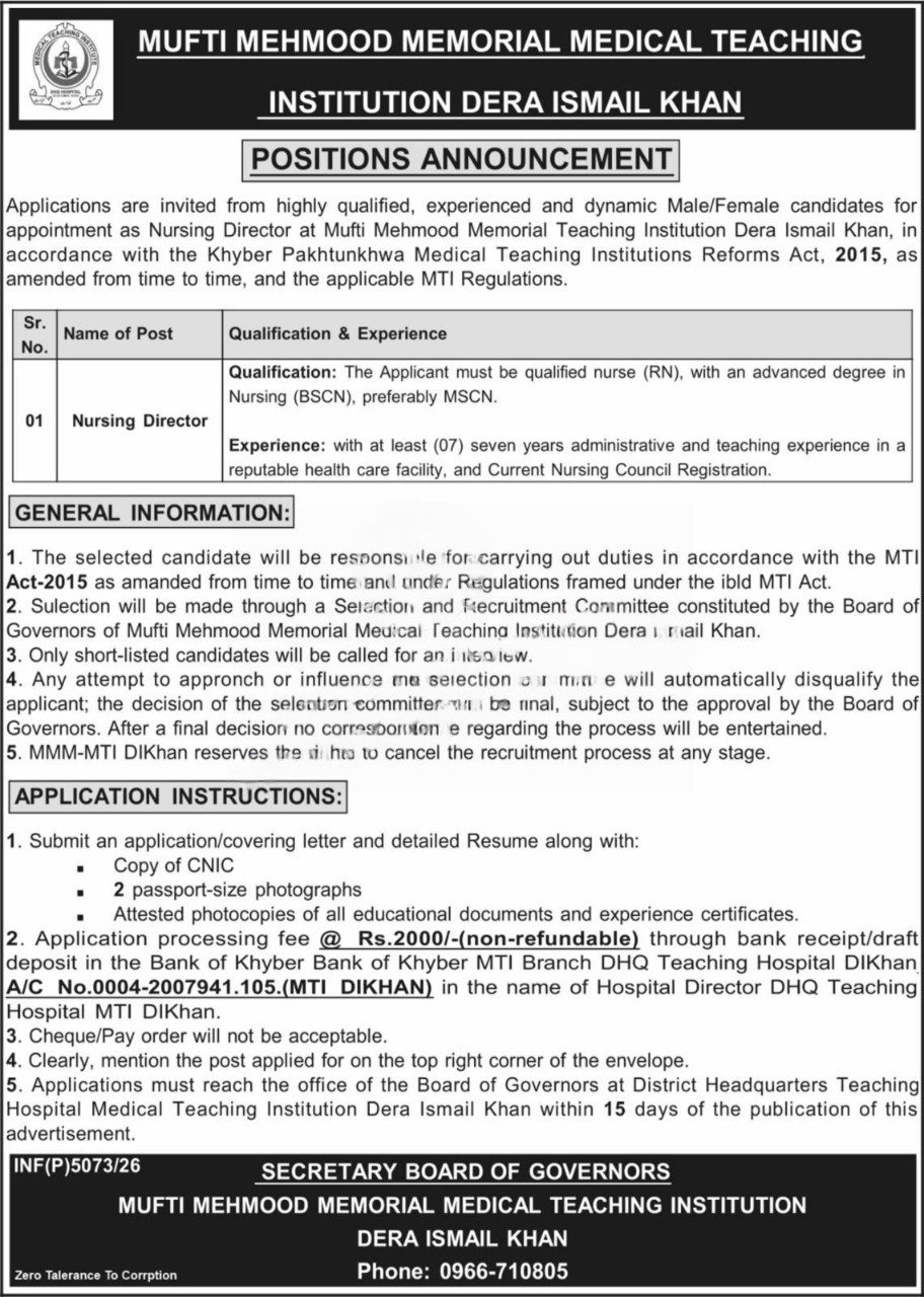 Mufti Mehmood Memorial MTI Jobs  Advertisement