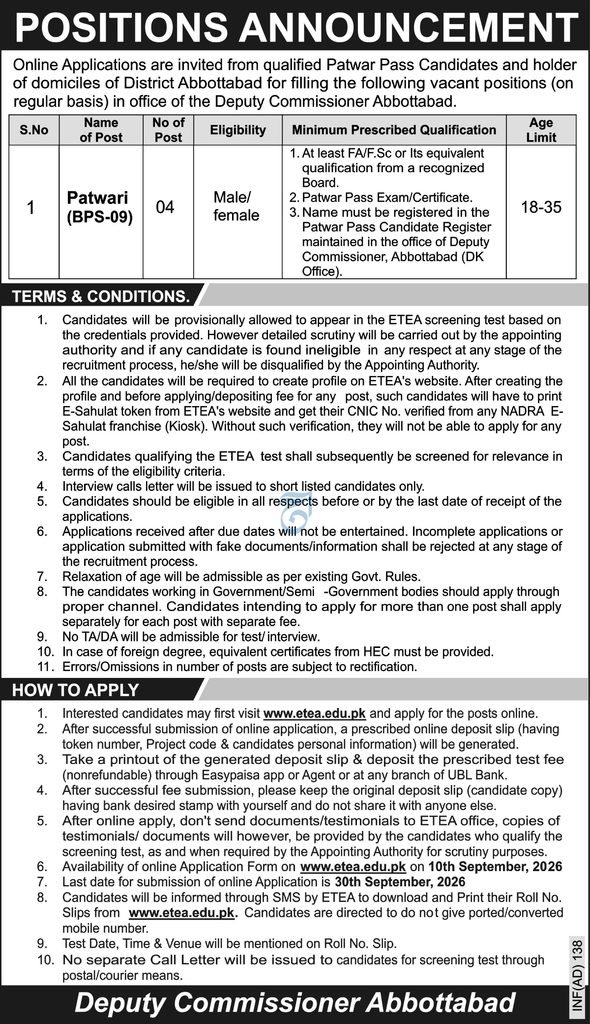 Abbottabad Patwari Jobs Advertisement