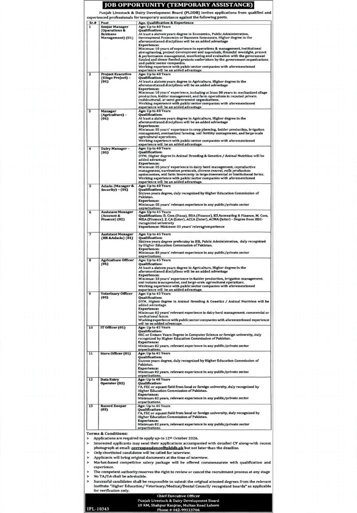 Punjab Livestock & Dairy Development Board Jobs Advertisement