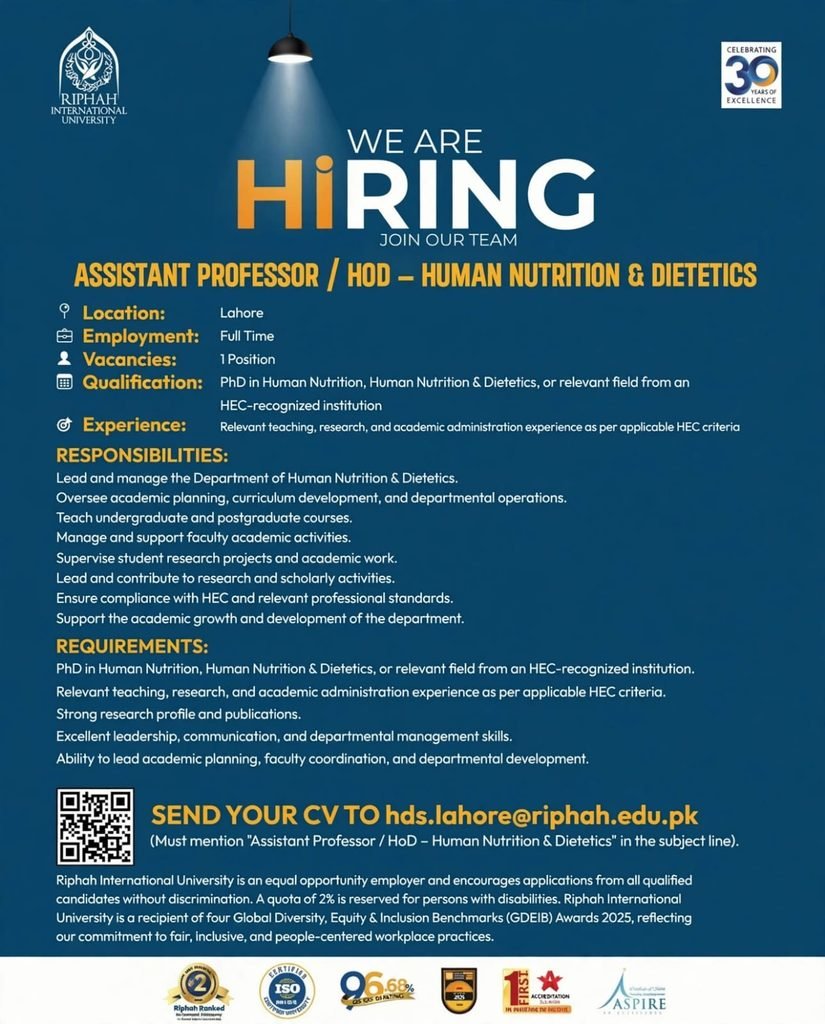 Riphah International University Jobs Advertisement