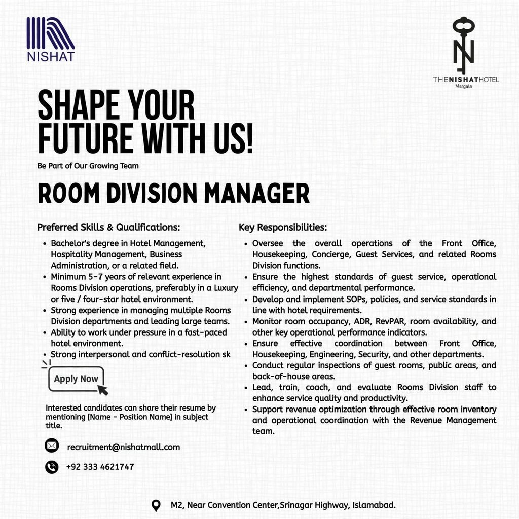 Nishat Hotel Margala Jobs Advertisement