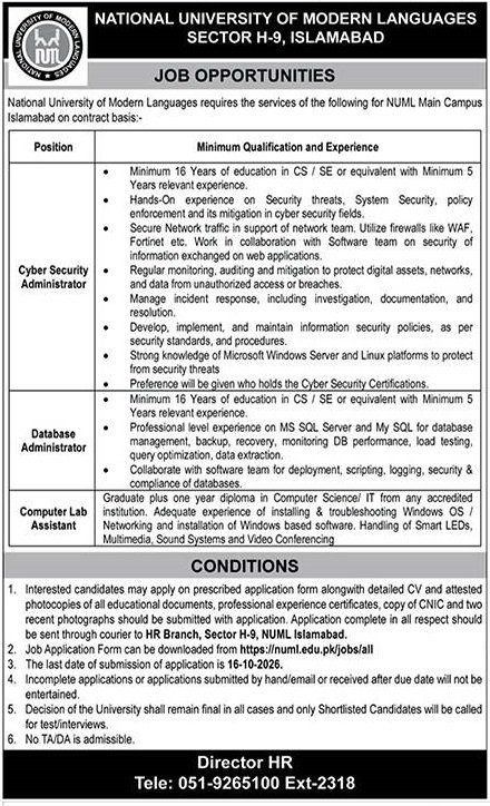 NUML Jobs 2026 Advertisement