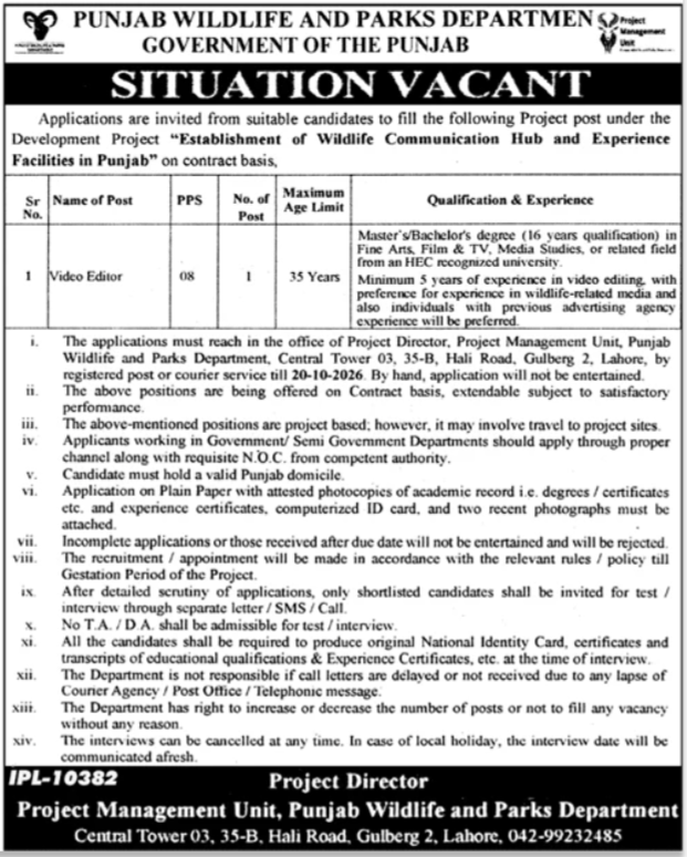 Punjab Wildlife and Parks Department Jobs Advertisement