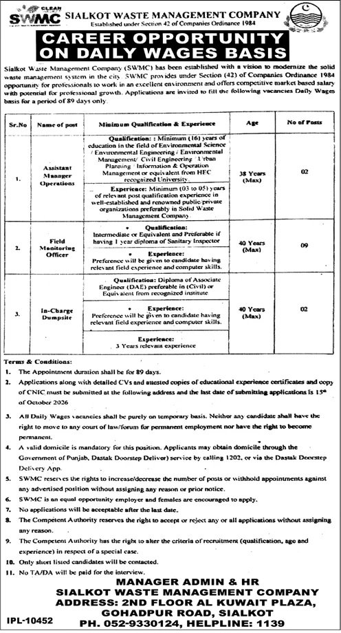 Sialkot Waste Management Company Jobs Advertisement
